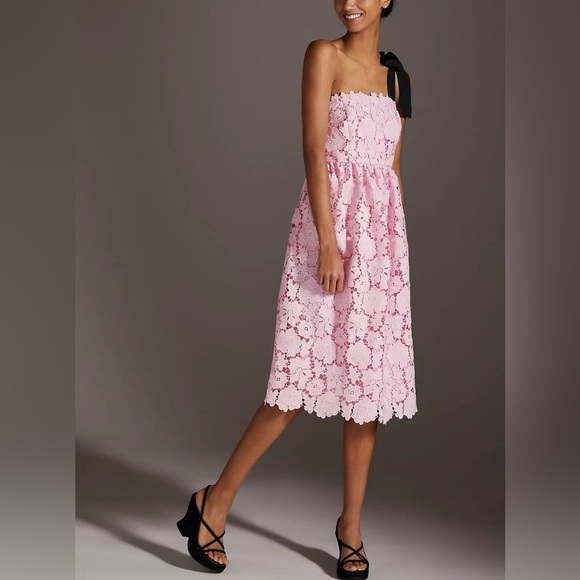 Anthropologie Maeve Women's One Shoulder Tie Pink Lace Strapless Midi Dress  Sz 6
